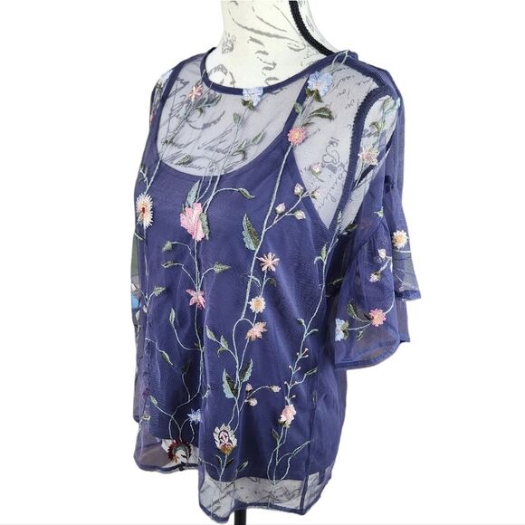 Lucky Brand -258 Grey Embroidered Sheer Floral 3/4 Sleeve Evening Blouse Size S - Picture 4 of 11